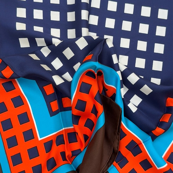 Vintage Yves Saint Laurent silk orange, brown, blue square scarf - Picture 7 of 7